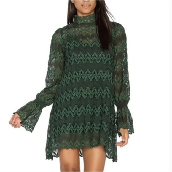 Free People  Simone Mock Neck Lace Dress in Hunter Green Size Small - Picture 1 of 12